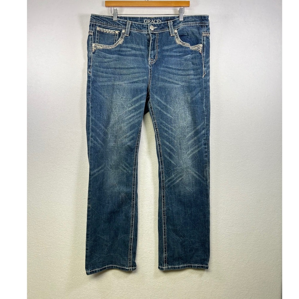 Grace in LA Bootcut Jeans Womens 19 Blue Medium Wash‎ Embellished Stretch Denim